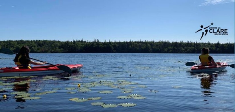 photo two kayakers in a lake on a sunny day