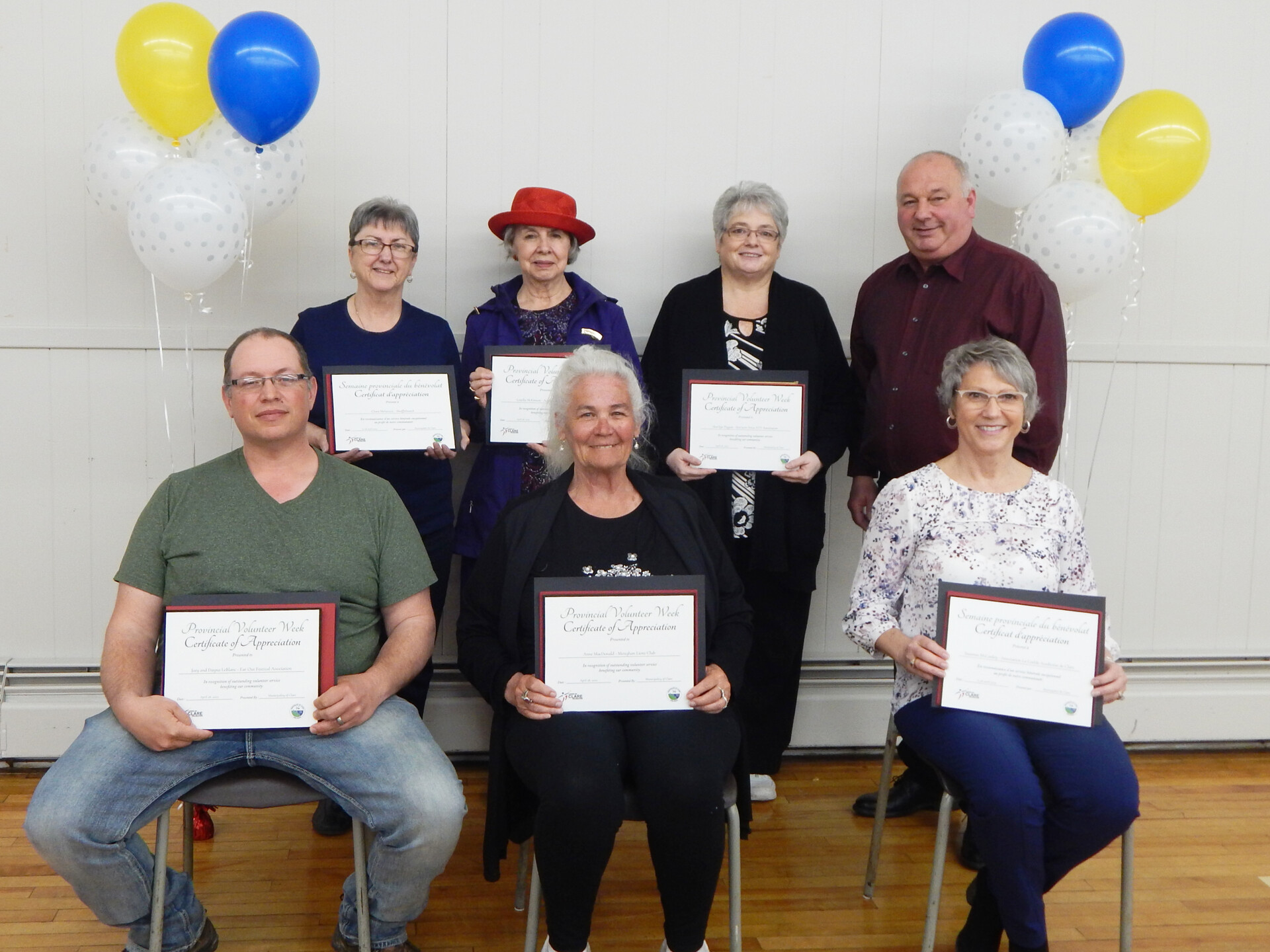                         Clare Volunteer Award recipients for 2022 Back row, left to right: Clara Melanson, Louella McKinnon, Marilyn Piggott and Councillor Nil Doucet Front row, left to right: Joey and Dayna (posthumously) LeBlanc, Anne MacDonald and Suzanne McCauley Absent: Michael LeBlanc and Robin Murphy                                                                                               