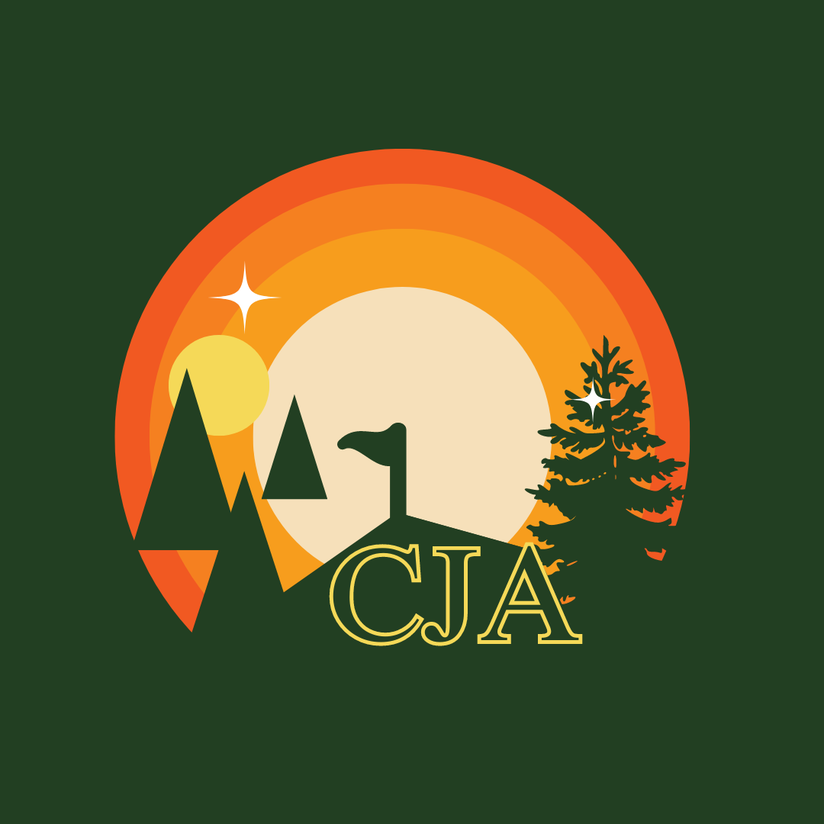 Un fond vert avec des cercles orange et jaunes se refermant les uns sur les autres avec le logo du camp de jour de la CJA au milieu.