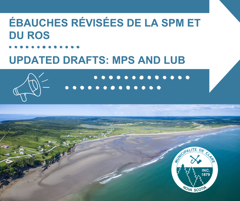 Une vue aérienne du Cape Sainte-Marie et le texte « Mise a jour : Statégie de planification municipale et règlement d'occupation des sols »