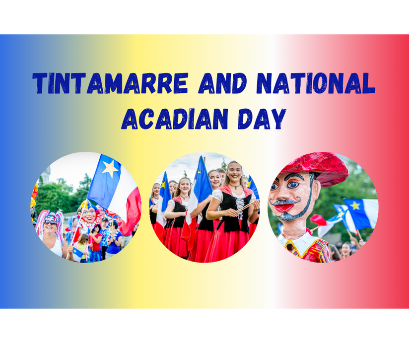 Three images of people participating in Acadian Festival activities, including the Baie en Joie dance troupe, the tintamarre and a large cartoon head. Each image is filled with the red, white, yellow and blue colors of Acadie and Acadian flags. 
